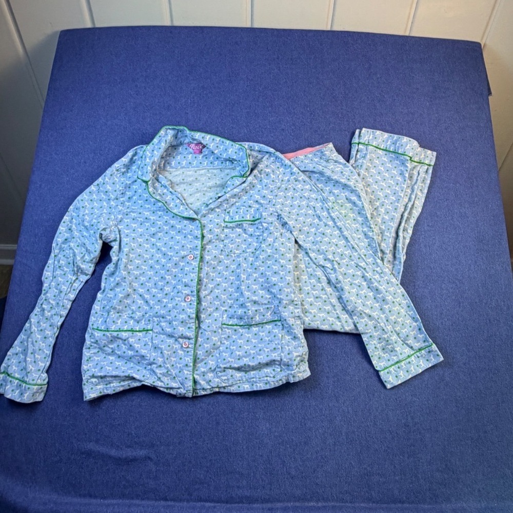 Victorias Secret PINK Pajama Set Blue Dog Star Print Button Up Pants Large